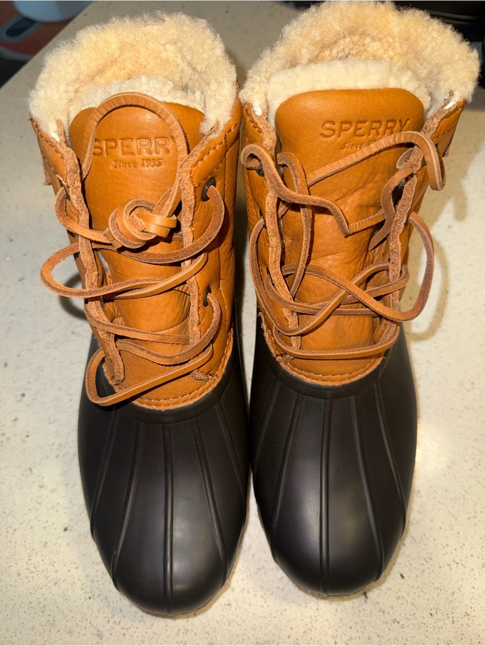 Sperry Tan Leather and Black Rubber Shearling-Lined Duck Boots